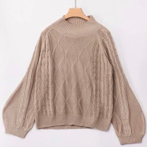 Mock Turtleneck Cable Knit Balloon Sleeve Sweater